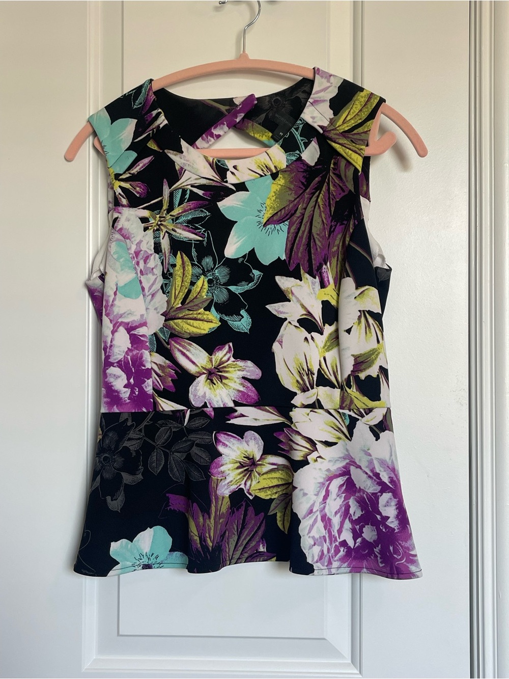 Worthington Black Floral Sleeveless Peplum Top with Purple & Teal Accents
